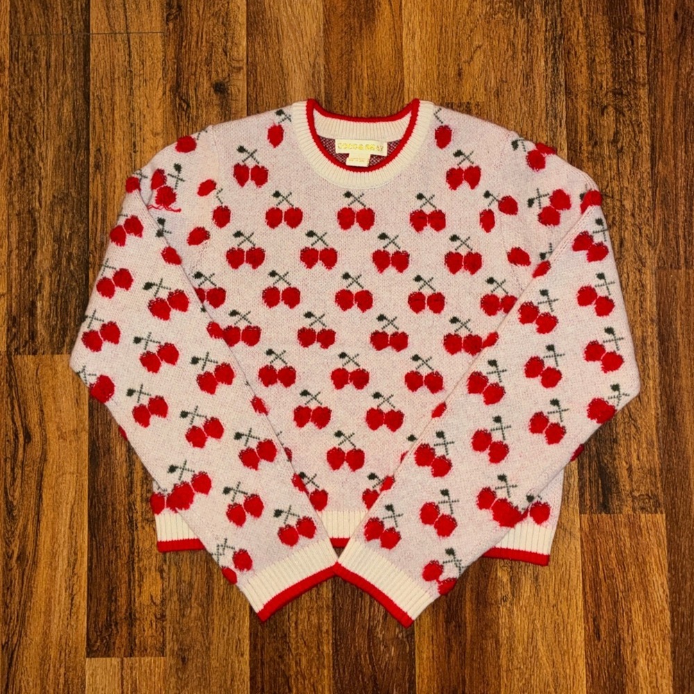 Coco & Shay Womens Cream Red Cherry Knit Crewneck Sweater Size Large L
